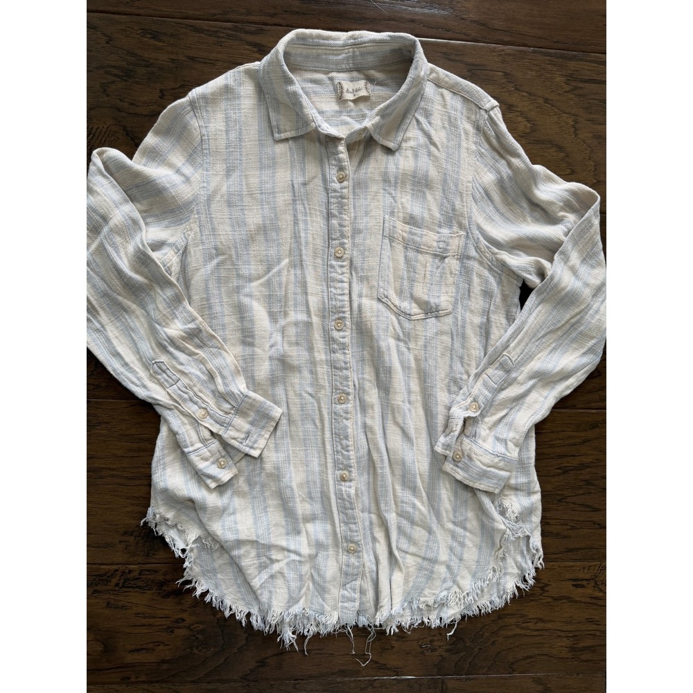 Altar'd‎ State Womens Blue White Striped Linen Blend Frayed Hem Shirt Medium